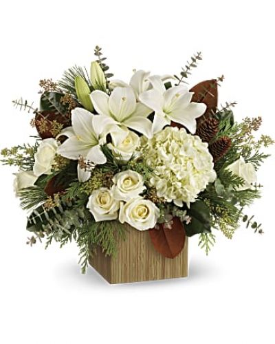 <p>Give the gift of modern winter-white style with this breathtaking bouquet, hand-arranged in a wooden cube.</p>
<p>This winter bouquet includes white hydrangea, white roses, white asiatic lilies, magnolia leaves, seeded eucalyptus, spiral eucalyptus, flat cedar and white pine.</p>