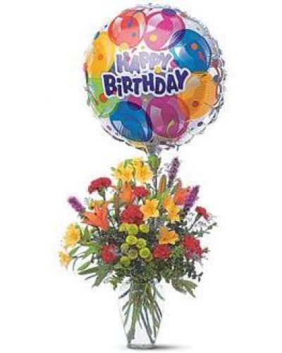 <p>Take their birthday to brand new heights with this colorful arrangement of flowers and a high-flying birthday balloon.<br />
Alstroemeria, carnations, chrysanthemums and lilies are delivered in a clear glass vase with attached foil balloon.</p>
